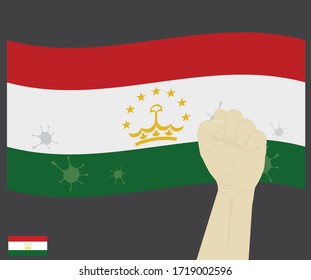 Fist power hand with novel coronavirus or COVID-19 virus stained on the Tajikistan National Flag, Fight for Tajik people concept, sign symbol background, vector illustration.