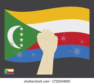 Fist power hand with novel coronavirus or COVID-19 virus stained on the Comoros National Flag, Fight for Comorian people concept, sign symbol background, vector illustration.