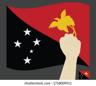 Fist power hand with Papua New Guinea National flag, Fight for Papua New Guinean People concept, cartoon graphic, sign symbol background, vector illustration.