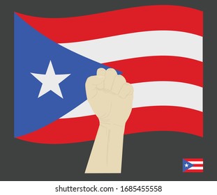 Fist power hand with Puerto rico National flag, Fight for Puerto rican People  concept, cartoon graphic, sign symbol background, vector illustration.