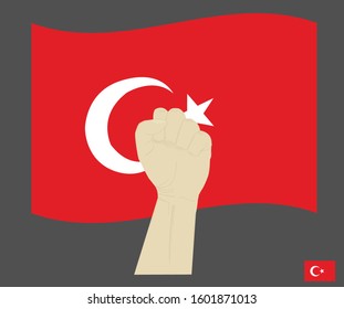 Fist power hand with the Republic of Türkiye or Turkey national flag, Fight for turkey  concept, cartoon graphic, sign symbol background, vector illustration.