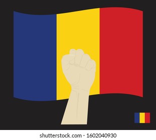 Fist power hand with Romania National flag, Fight for Romania  concept, cartoon graphic, sign symbol background, vector illustration.