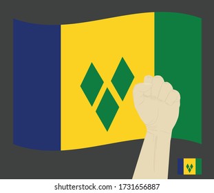 Fist power hand with Saint Vincent and the Grenadines National flag, Fight for Saint Vincentian or Vincentian People concept, cartoon graphic, sign symbol background, vector illustration.