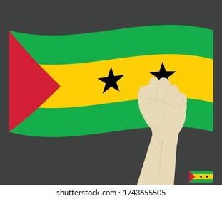 Fist power hand with Sao Tome and Principe National flag, Fight for Sao Tomean People concept, cartoon graphic, sign symbol background, vector illustration.