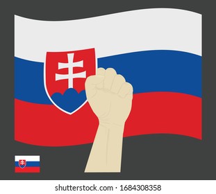 Fist power hand with Slovakia National flag, Fight for Slovak People  concept, cartoon graphic, sign symbol background, vector illustration.