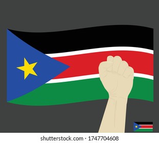Fist power hand with South Sudan National flag, Fight for South Sudanese People concept, cartoon graphic, sign symbol background, vector illustration.