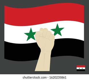 Fist power hand with the Syrian Arab RepublicNational flag, Fight for Syria concept, cartoon graphic, sign symbol background, vector illustration.
