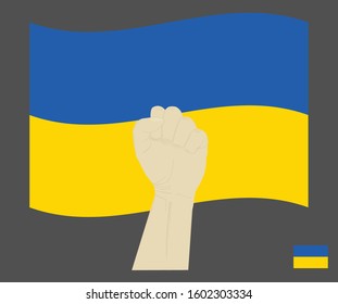 Fist power hand with Ukraine National flag, Fight for Ukraine concept, no war, stop war, cartoon graphic, sign symbol background, vector illustration.
