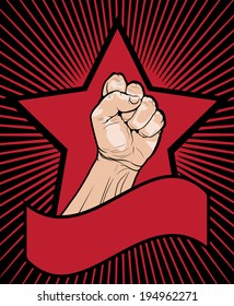 Fist of power - mans clenched fist inside a red star with a blank banner below with a background of radiating lines, vector illustration