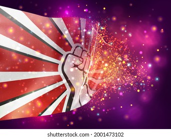 fist of protest vector 3d flag on pink purple background with lighting and flares