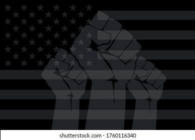 Fist protesting on background of dark usa flag. Stop racism concept. Different hands protest in black american flag. Black lives matter. Modern vector in flat style. Poverty and violence