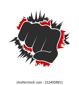 Fist punch front view, combat attack icon. Flat vector illustration isolated on white background.
