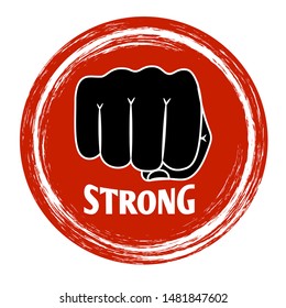 Fist punch poster. Sprong emblem with bully hand fist, vector powerful punch silhouette and strong text for dangerous labels and mma mixed martial arts logos