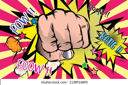 Fist punching. hitting,crushing blow or strong punch.Pop art retro background.Comic Cartoon style.Template design for banner, flyer, invitation, poster, web site or greeting card.vector illustration