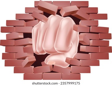 A fist punching through a brick wall concept