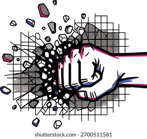 Punho perfurando através da parede de pixel digital