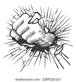fist punching through glass breaking through illustration white background showing power and strength