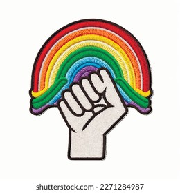 Faust und Regenbogen. Stickereien strukturierte LGBT Muster. LGBT-Solidaritätstoleranz und Freiheitssymbol. Farbiger, mit Tapisserien verzierter Hintergrund. Vektorgrafik. Solidarität.