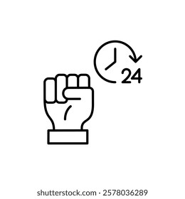 Fist raised up and 24 hours clock. Round the clock achievements and triumph. Constant dedication. Pixel perfect vector icon