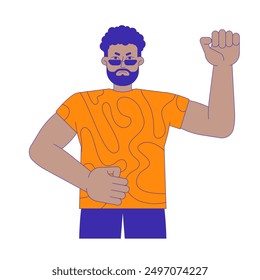 Fist raised african american male activist 2D cartoon character. Black man protestor hand pump isolated flat vector person white background. Black lives matter. Manifest color spot illustration