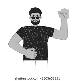 Puño levantado activista masculino afroamericano personaje de dibujos animados en 2D en blanco y negro. Hombre negro manifestante bomba de mano aislado Vector contorno persona. Black lives matter ilustración de punto monocromático