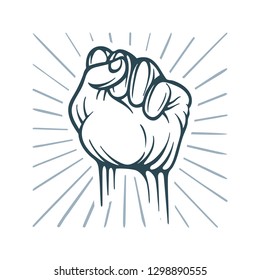 Fist. Raised Fist hand drawn vector illustration isolated on white background.
Sketch drawing winner hand up fist. Fist with abstract rays symbol of power, revolution and leadership.