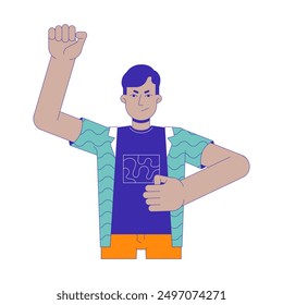 Fist raised indian man activist 2D cartoon character. South asian guy protestor hand pump isolated flat vector person white background. Revolution manifest demonstration color spot illustration