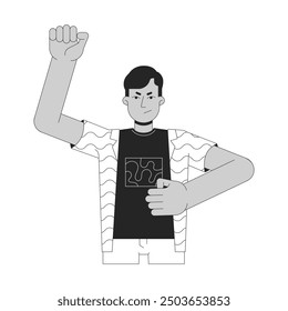 Fist raised indian man activist black and white 2D line cartoon character. South asian guy protestor hand pump isolated vector outline person. Revolution demonstration monochromatic spot illustration