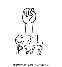 fist raised up and lettering girl power - symbol and slogan of feminism in hand drawn doodle style