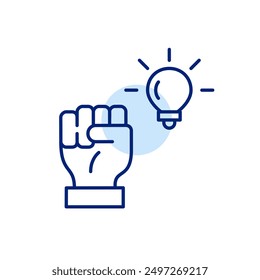 Fist raised up and light bulb. Personal success and growth motivation and inspirational strategies. Pixel perfect, editable stroke icon