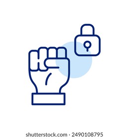 Fist raised up and lock. Security, strength and active protection. Pixel perfect, editable stroke icon