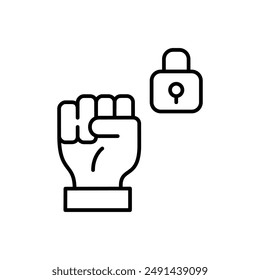 Puño levantado y cerradura. Seguridad, fortaleza y protección activa. Icono de Vector perfecto