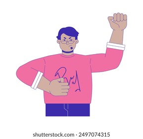 Fist raised middle eastern male activist 2D cartoon character. Arab man protestor hand pump isolated flat vector person white background. Revolution determination color spot illustration