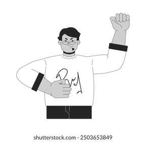 Fist raised middle eastern male activist black and white 2D line cartoon character. Arab man protestor hand pump isolated vector outline person. Revolution determined monochromatic spot illustration