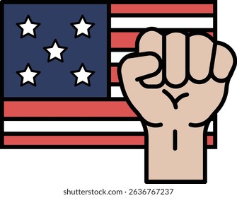 A fist is raised over an American flag. The fist is raised in a way that it is not clenched, but it is still raised. The flag is red, white, and blue