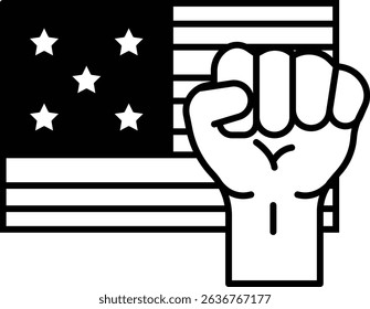 A fist is raised over a flag with five stars. The fist is black and white. The flag is red, white, and blue. Concept of strength and determination