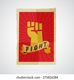 Fist raised up in poster paper. Protest and revolution concept - vector illustration