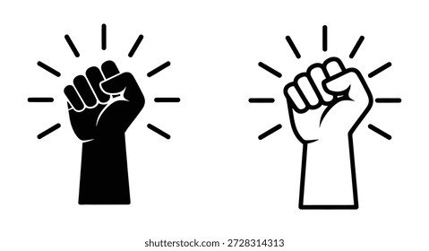 Punho levantado vetor de ícone de linha de protesto de energia. Vetor de ícone de punho levantado, símbolo de poder preto e branco, ilustração de sinal de mão de protesto