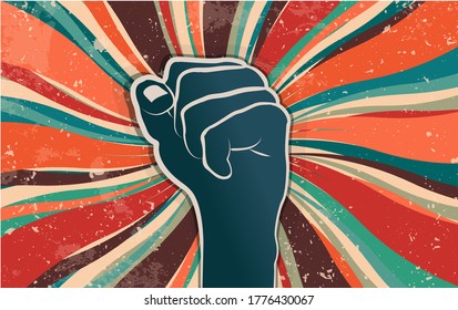 Fist raised in protest or popular uprising. Revolution and social struggle concept. Cooperation and unity. Community that rebels manifested for human rights and freedom. Retro banner