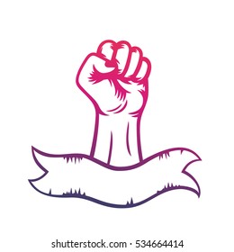 fist raised in protest and ribbon with space for text, revolt, riot and rebellion symbol, vector illustration