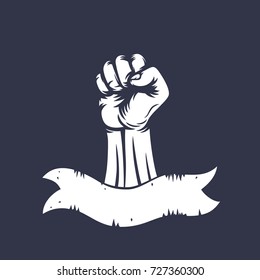 fist raised in protest and ribbon with space for text, vintage style