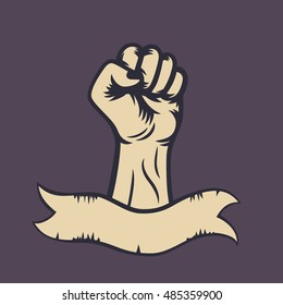 fist raised in protest and ribbon, vintage vector illustration