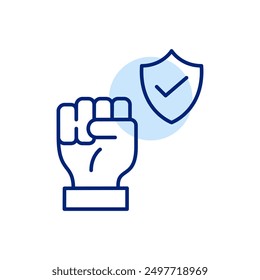 Fist raised up and security shield with checkmark. Strong defence, increased protection. Pixel perfect, editable stroke icon