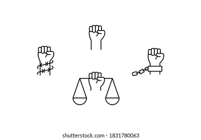 Fist raised up, human rights, protest, chain of slavery, hand in handcuffs,  fist in barbed wire, conclusion and limitation, crime control, hand holding scales, equal rights simple thin line icon 