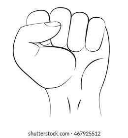 Fist raised up. Part of the body. Vector illustration. Isolated. Black on white, line graphics.