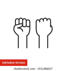 Fist Raised Up, Strong Arm Line Icon. Outline Style Sign For Web And App. Fist Hand Up Gesture Vector Illustration On White Background. Power, Solidarity And Freedom Concept. Editable Stroke EPS 10