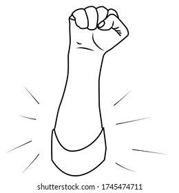 Fist raised up in vector format. Linear sign of strength and unity on a white background. Human hand contour for banners, brochures, covers, print.