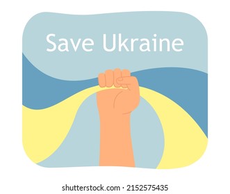 Fist raising up with waving flag of Ukraine. Hand of person holding Ukrainian national symbol flat vector illustration. Save Ukraine, freedom concept for banner, website design or landing web page