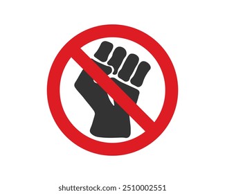 Fist and Red Forbidden Sign. No Violence prohibition icon symbol. Vector illustration. Isolated on white background.