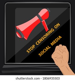 Faust und rot Megaphon - Vektorgrafik. Konzept der Redefreiheit. Hör auf, soziale Medien zu zensieren! Informationsfreiheit